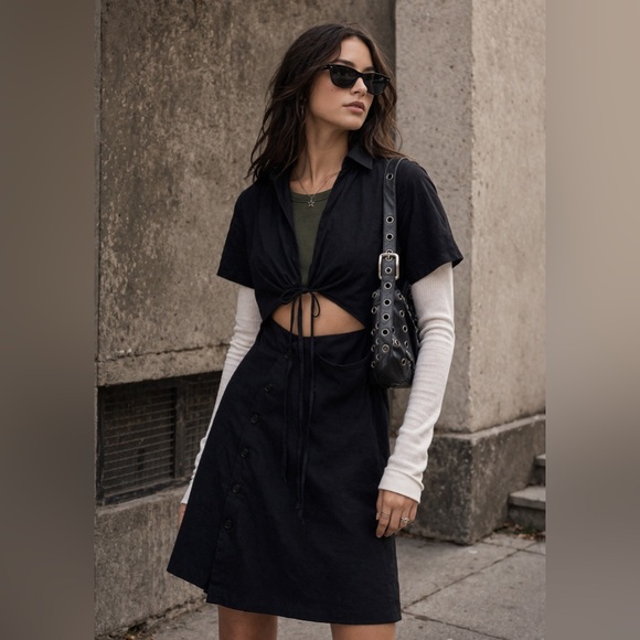 ASTR Black Cutout Mini Dress Size S Tie Front Linen Blend Going Out - Picture 2 of 8